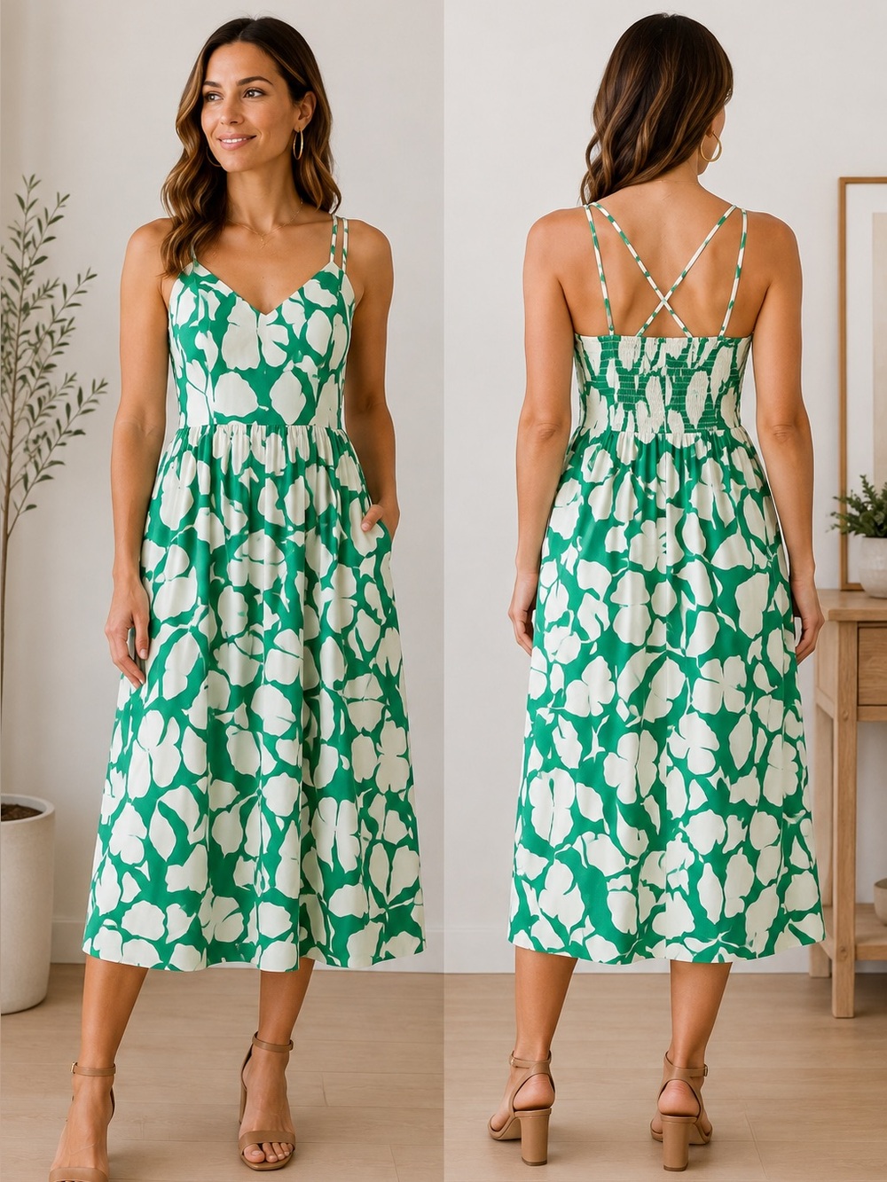 Green & White Tropical Print Midi Dress | Double Strap | Pockets